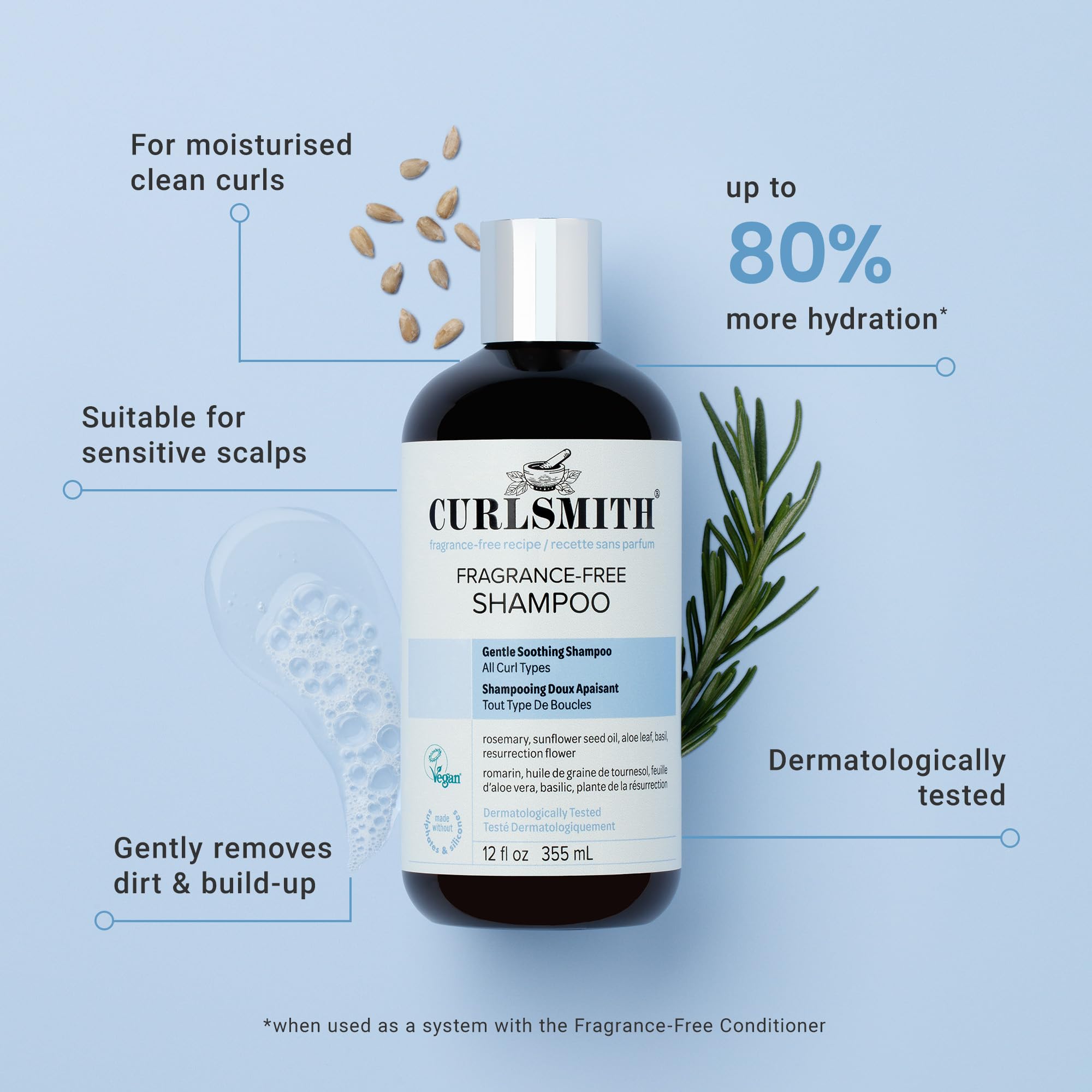 CURLSMITH close-up of pump and label highlighting gentle formula benefit