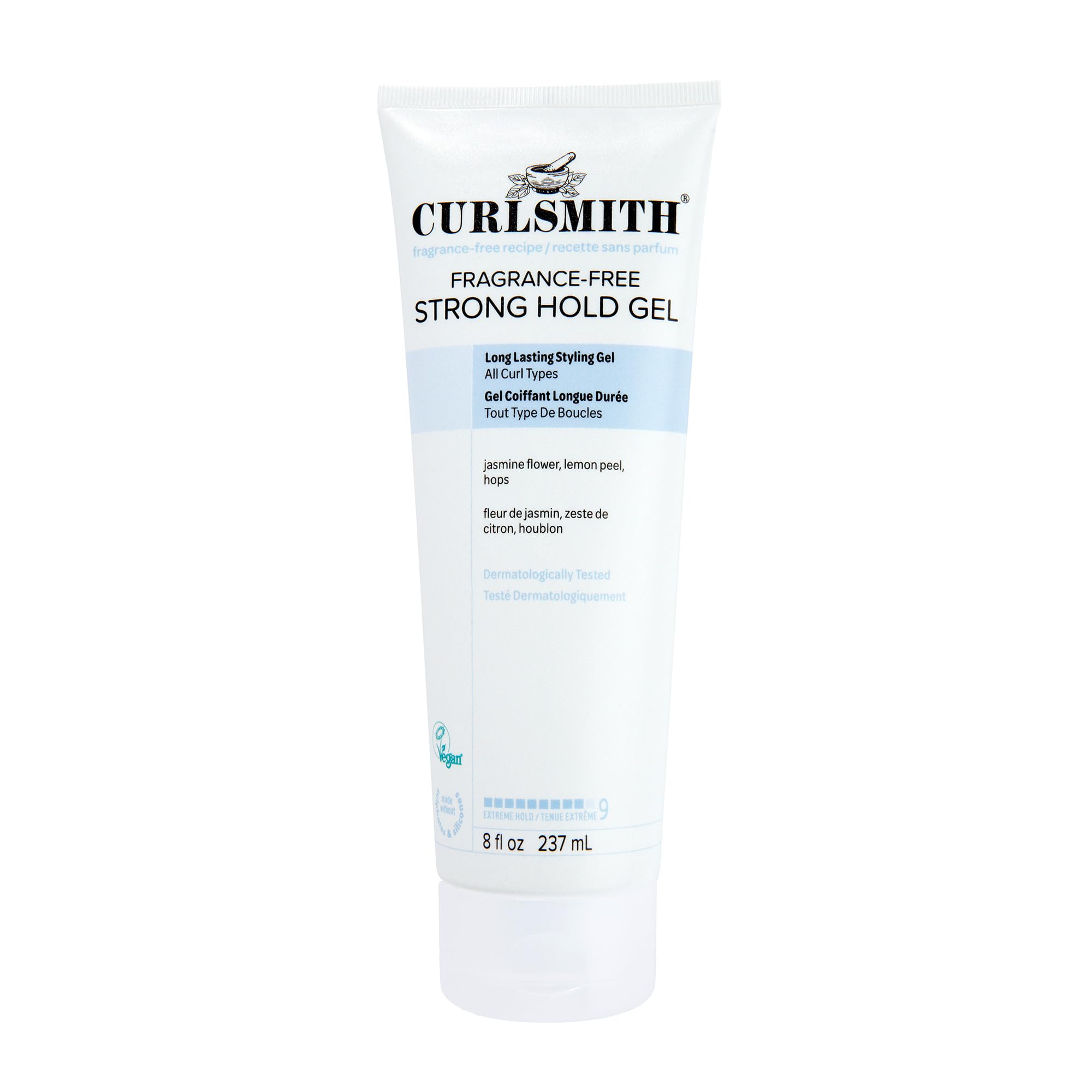 CURLSMITH front packaging shows 8 oz strong hold gel and scent-free benefit