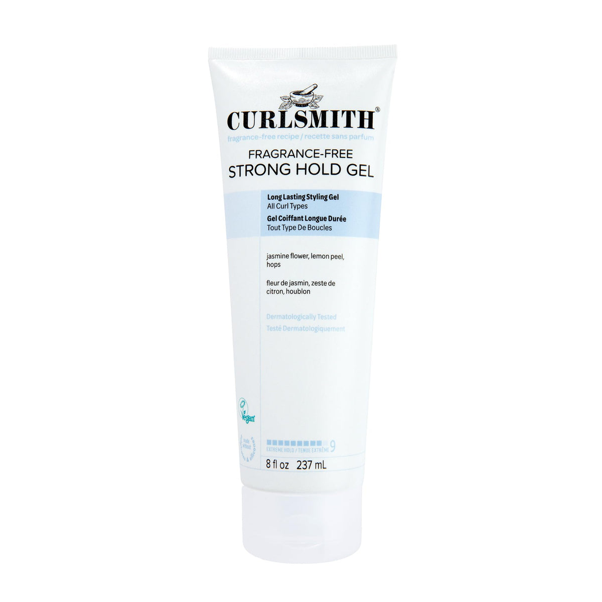 CURLSMITH front packaging shows 8 oz strong hold gel and scent-free benefit