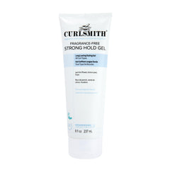 CURLSMITH front packaging shows 8 oz strong hold gel and scent-free benefit