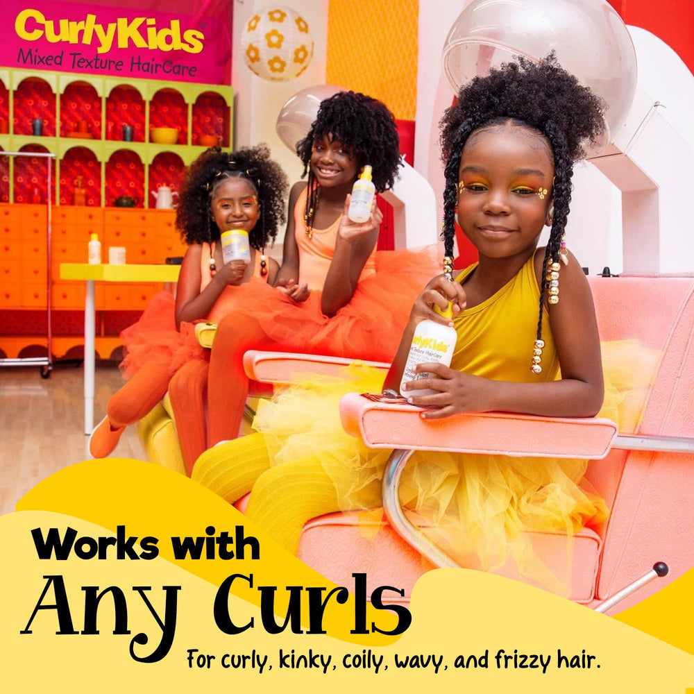 CurlyKids shampoo bottle angled to highlight gentle cleansing and kid-safe formula