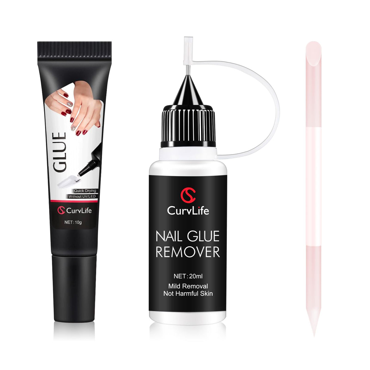 CurvLife kit front packaging showing all included tools and glue for easy application