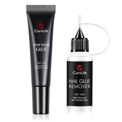 CurvLife front packaging showing complete glue and remover kit, clear contents benefit
