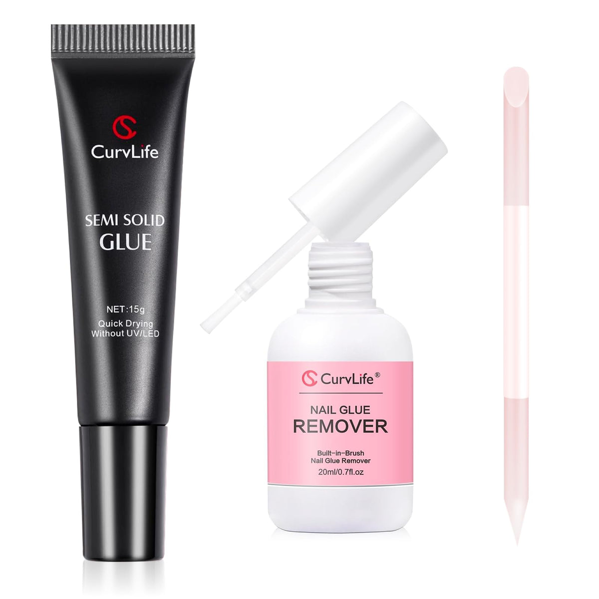 CurvLife kit front view showing glue remover and glass tools for complete manicure