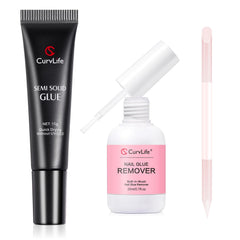 CurvLife kit front view showing glue remover and glass tools for complete manicure