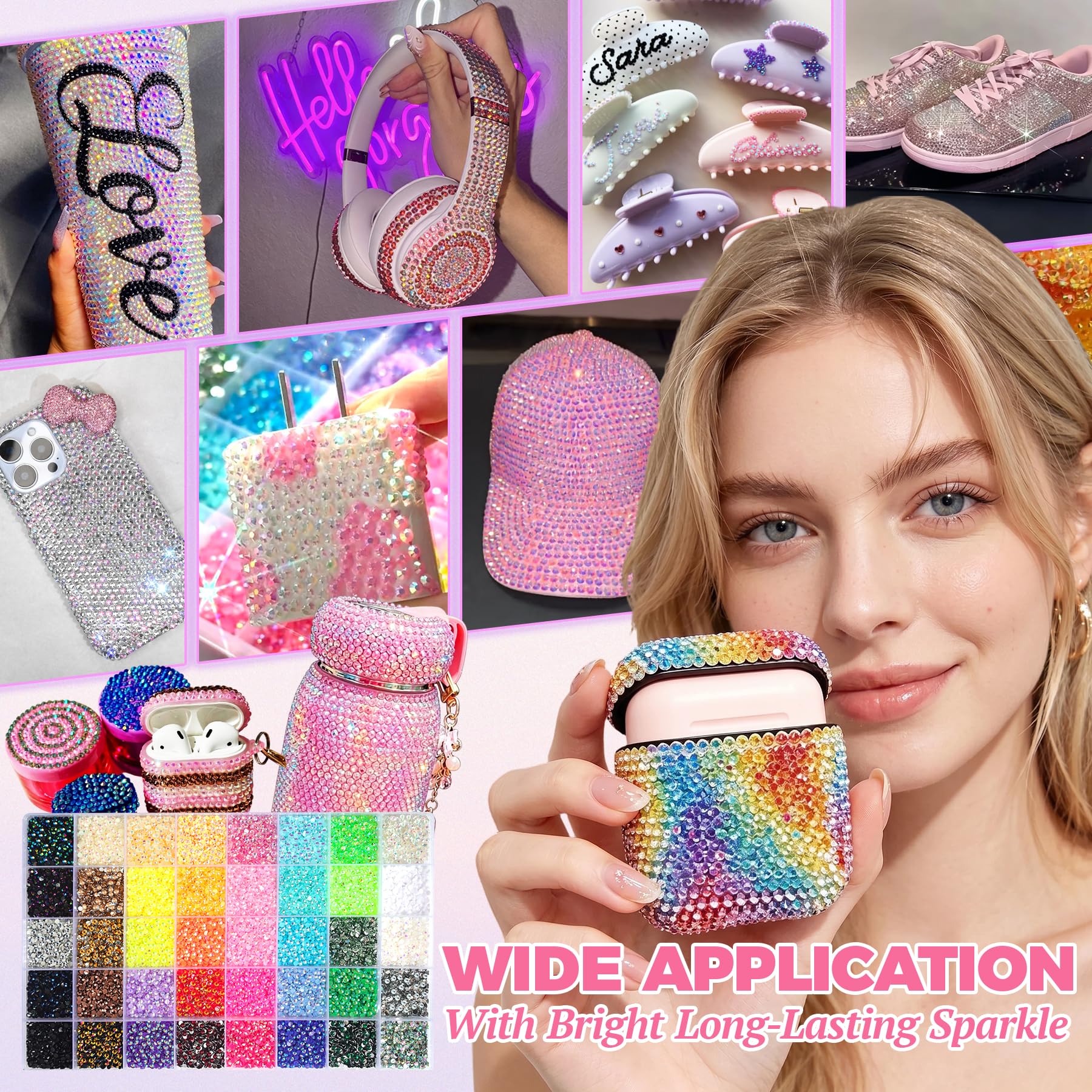 Cusmation rhinestones adhered to a phone case illustrating durable, decorative results