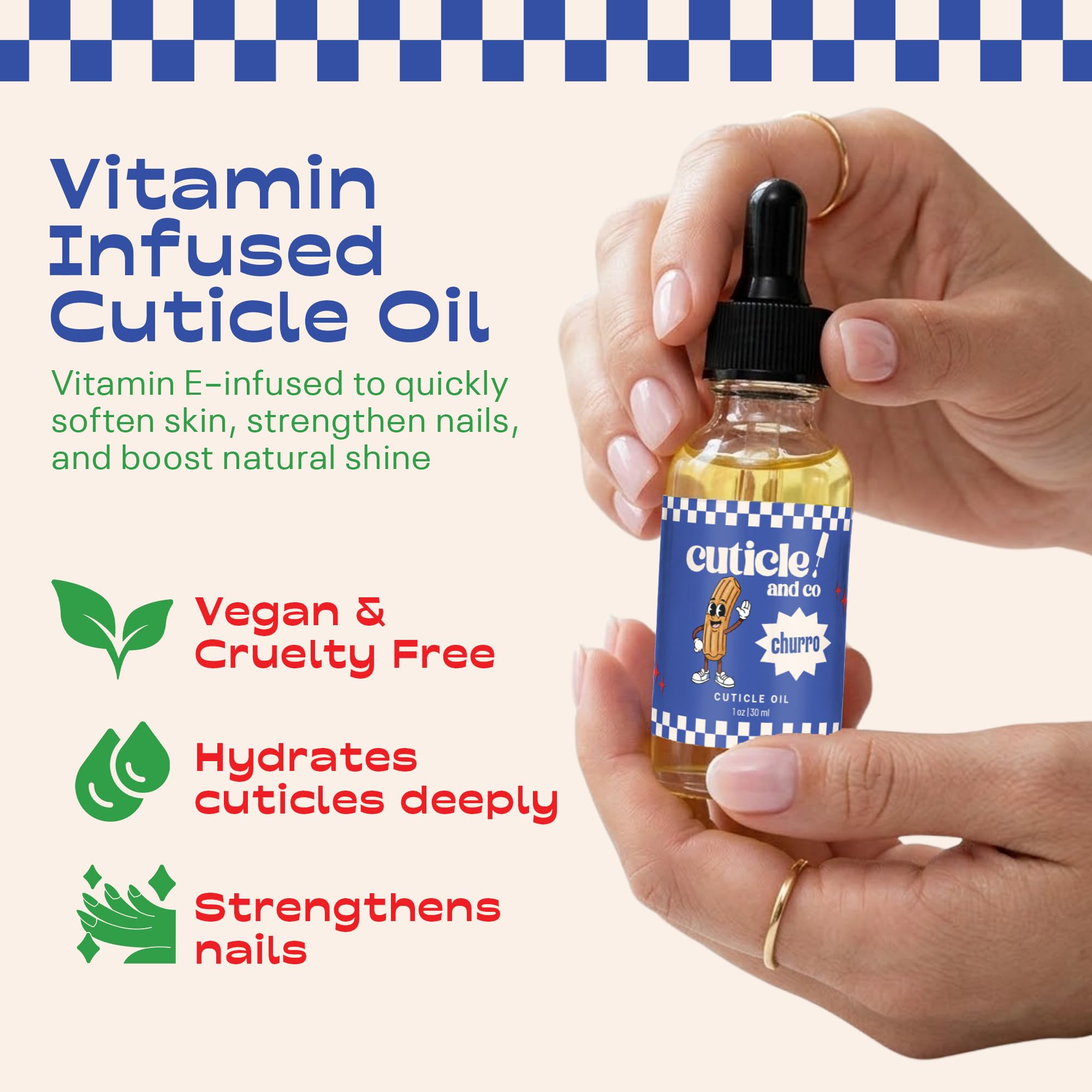 Cuticle And Co label close-up showing jojoba and vitamin E benefits