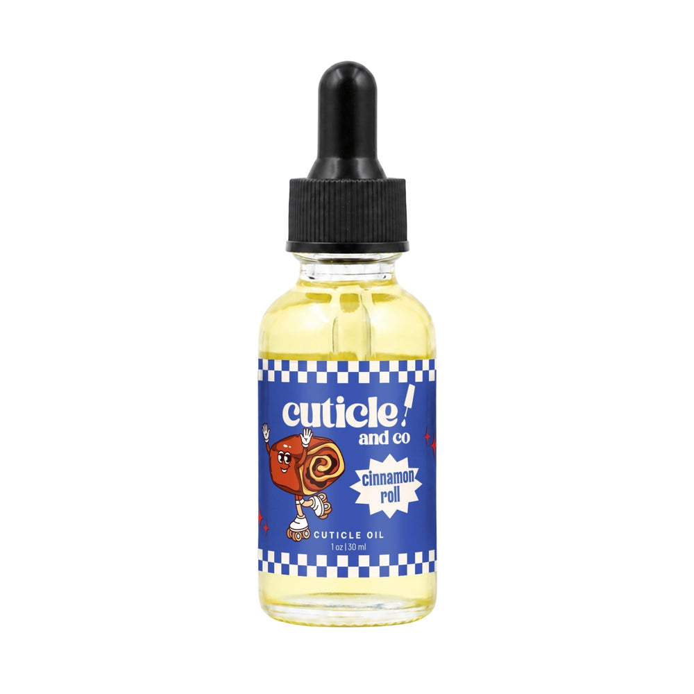 Cuticle And Co front bottle showing cinnamon roll scented oil benefits