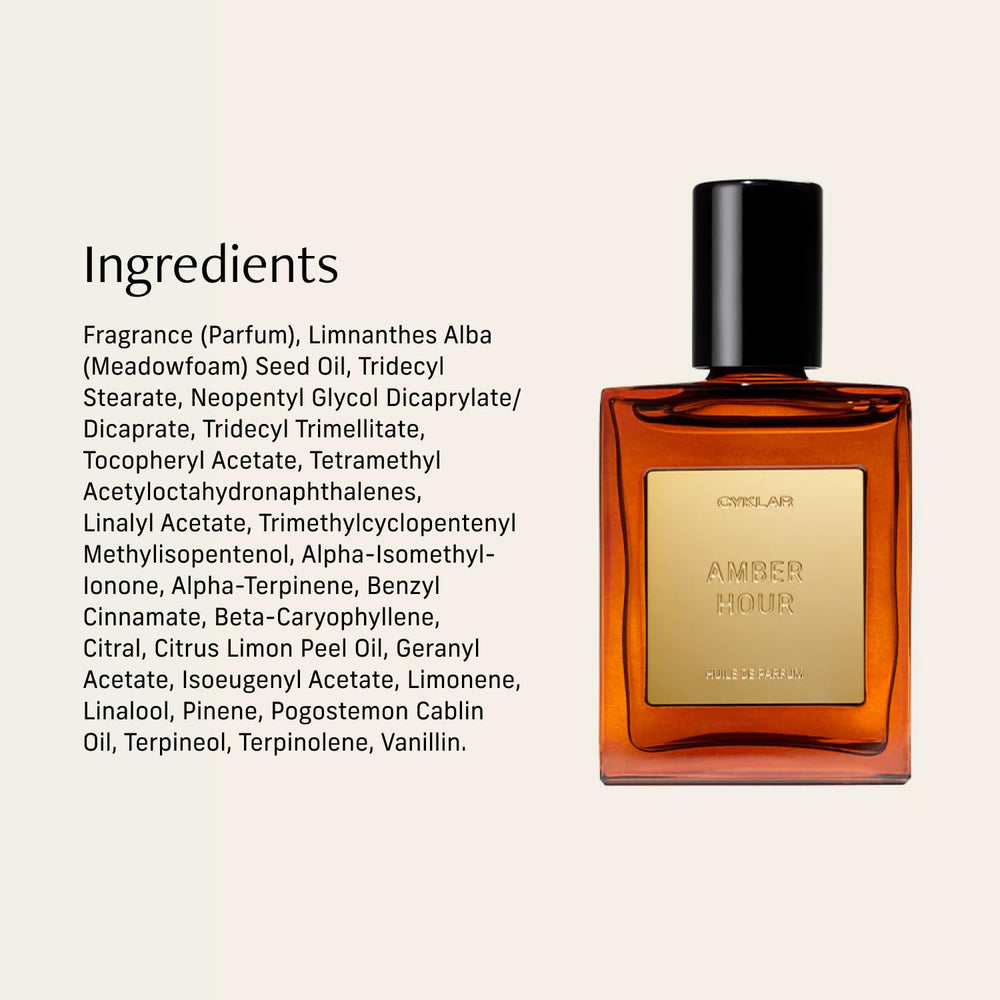 CYKLAR amber hour label close-up showing scent notes and ingredient clarity