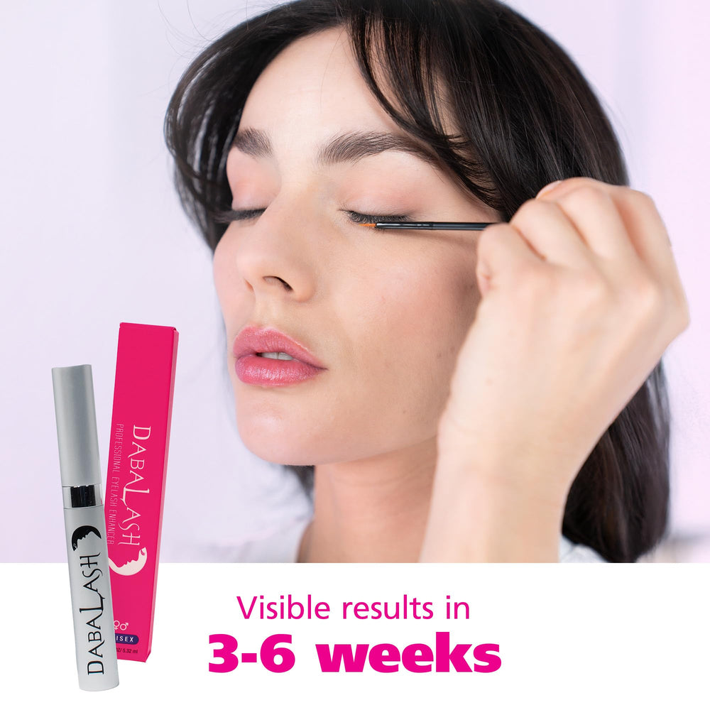 Dabalash before and after lashes showing fuller-looking lashes after consistent use