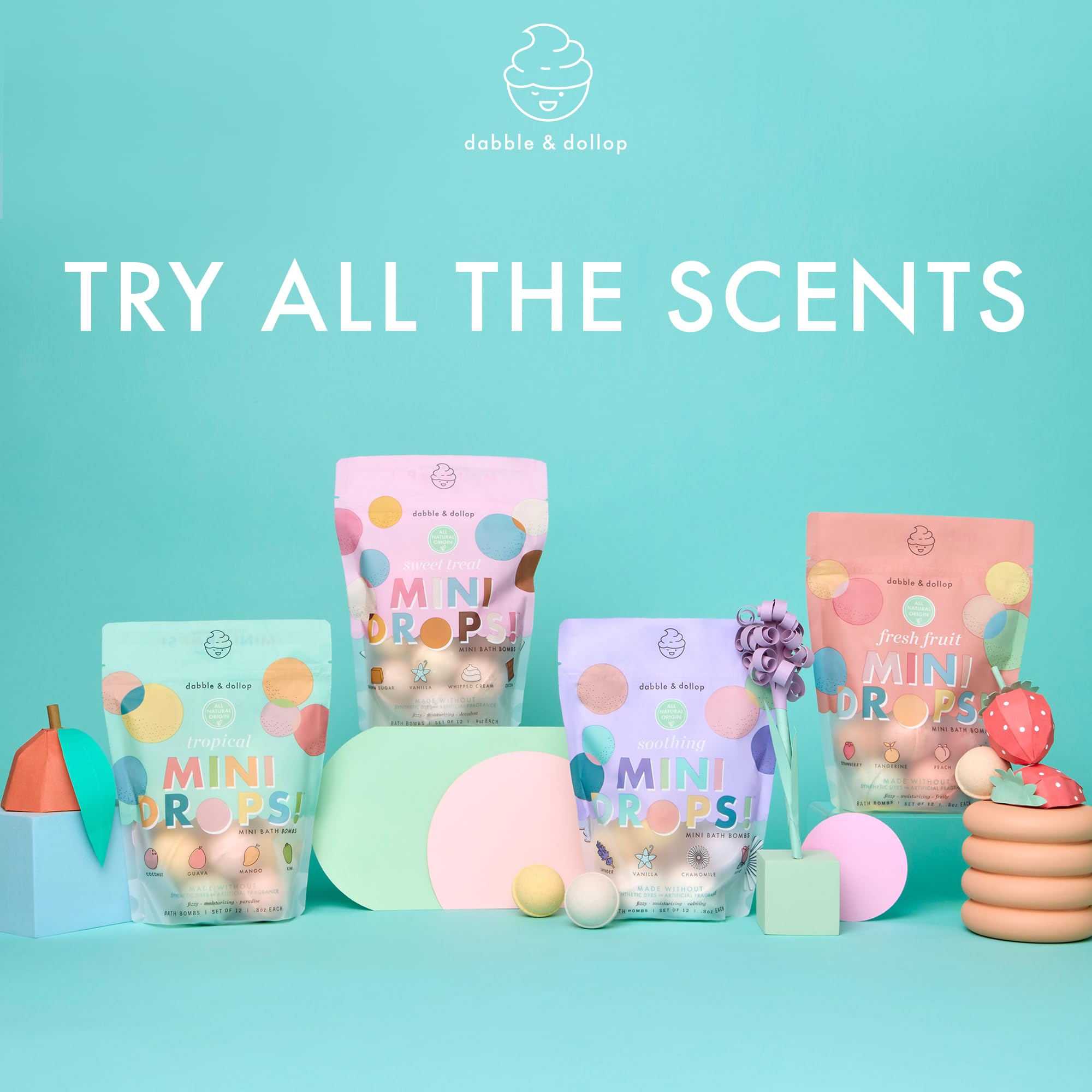 Dabble & Dollop resealable pouch open with wrapped bombs, long-lasting freshness