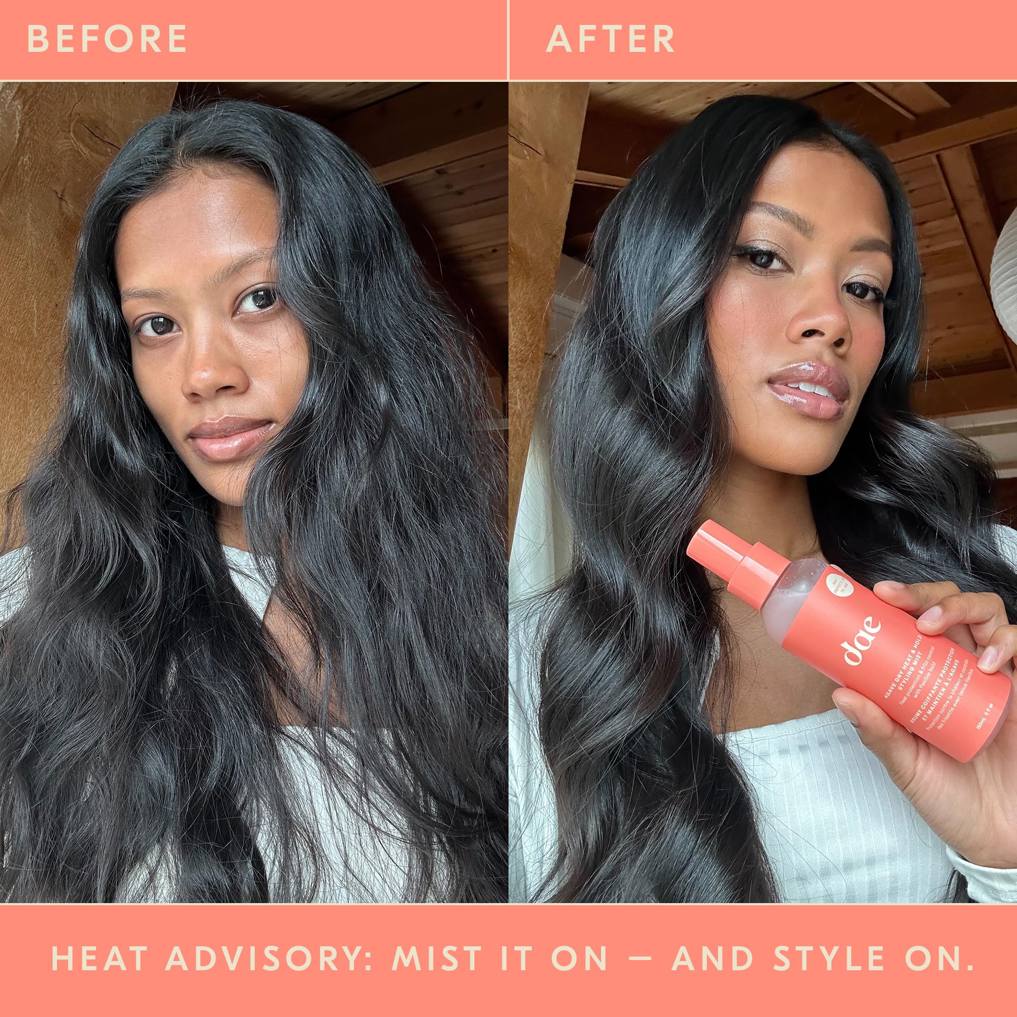 DAE texture on hair ends showing smooth, shiny, frizz-controlled results