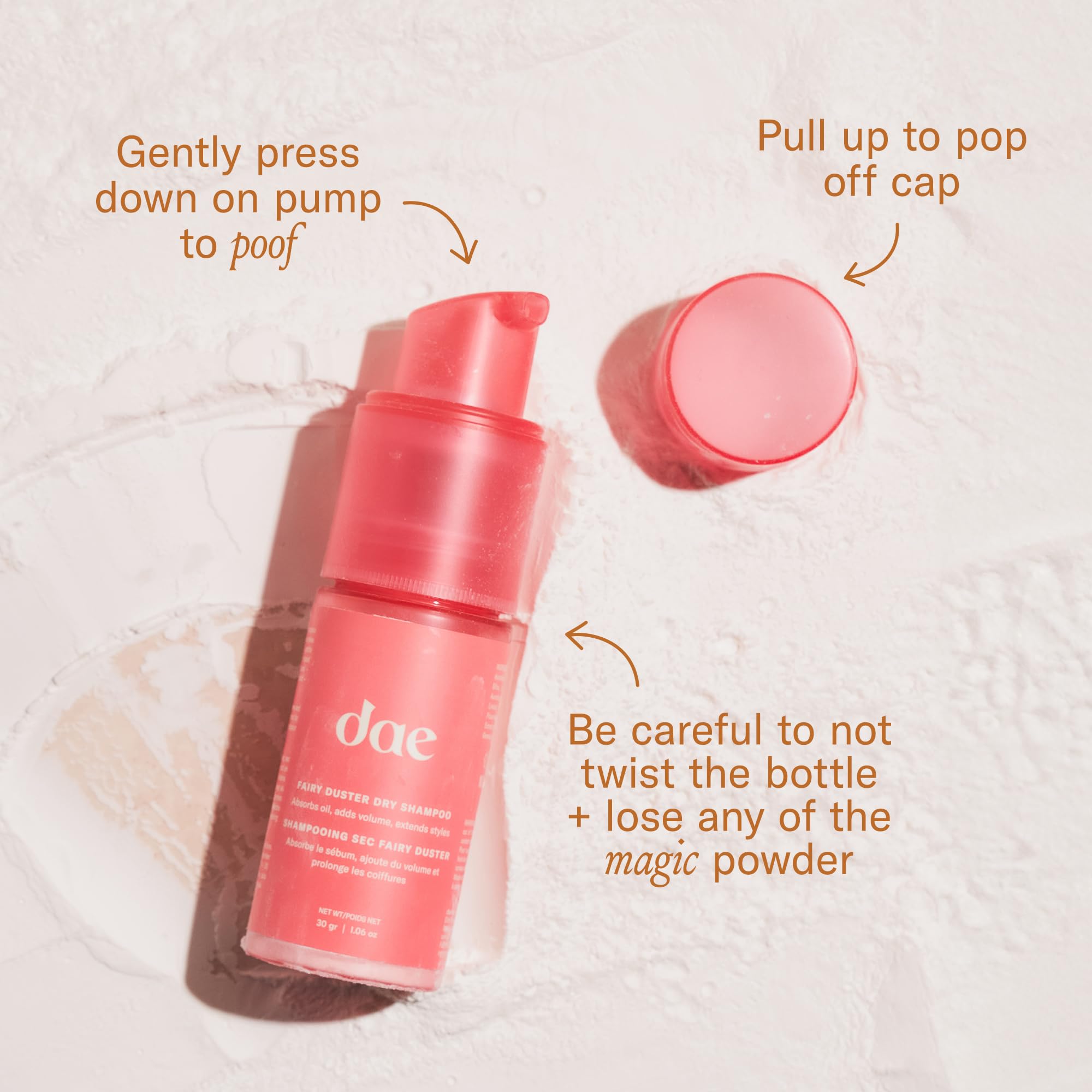 DAE Fairy Duster powder grains close-up showing talc-free formula and gentle feel