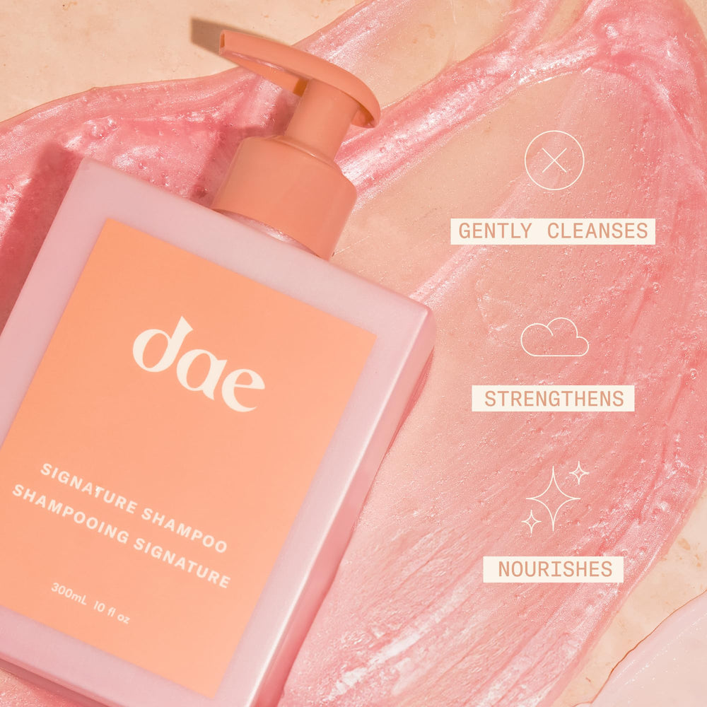DAE shampoo bottle close-up highlighting label and pump benefit