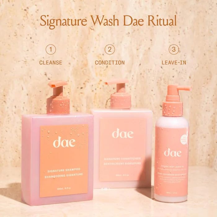 DAE shampoo on bathroom shelf lifestyle shot promoting everyday routine simplicity
