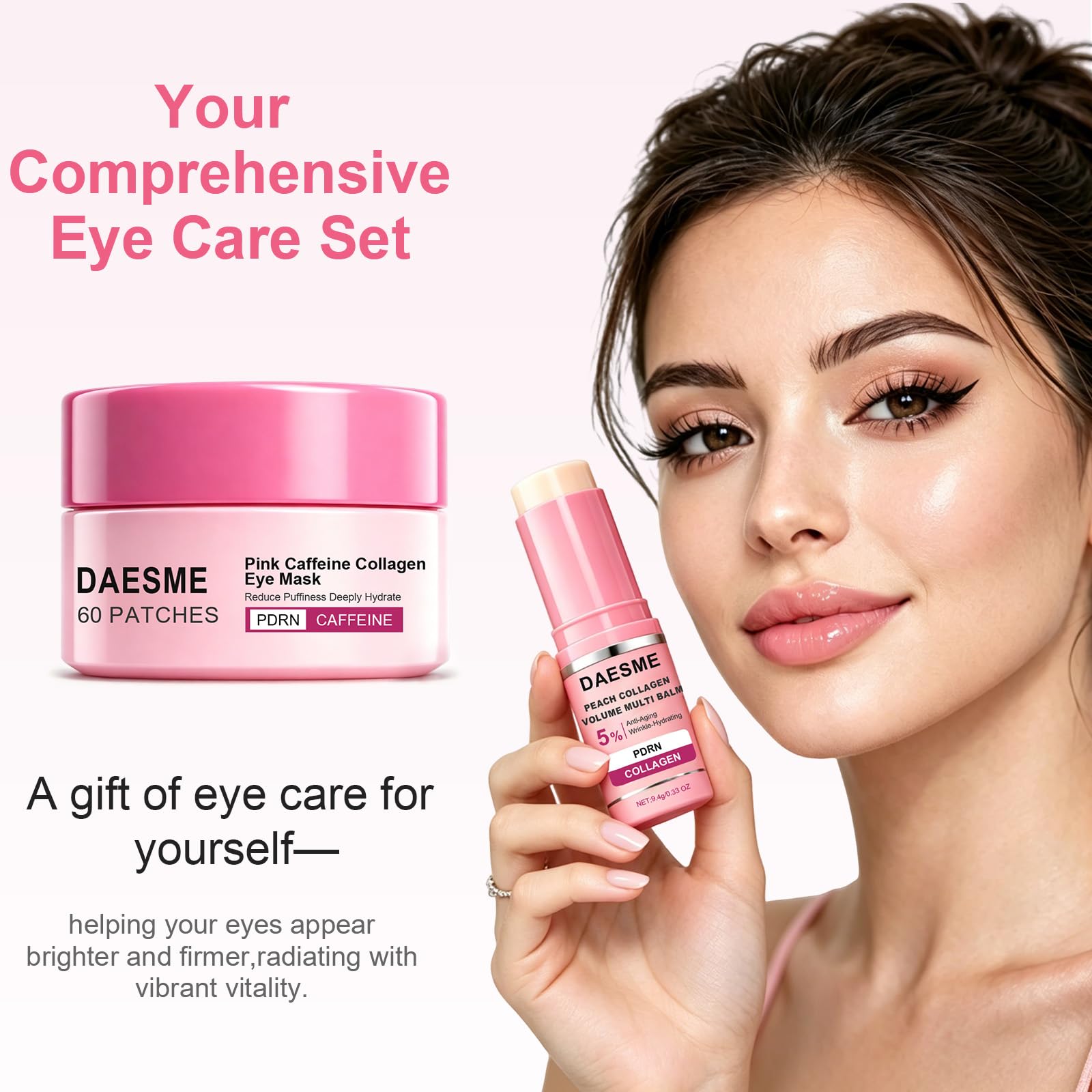 Daesme ingredients flatlay with PDRN collagen and caffeine for nourishment