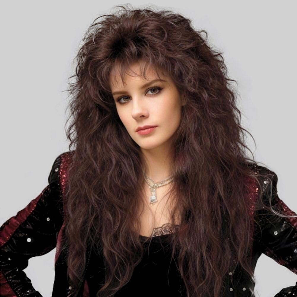 Dai Cloud front view of long brown curly wig shows full bangs and vintage volume benefit