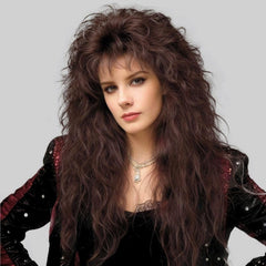 Dai Cloud front view of long brown curly wig shows full bangs and vintage volume benefit