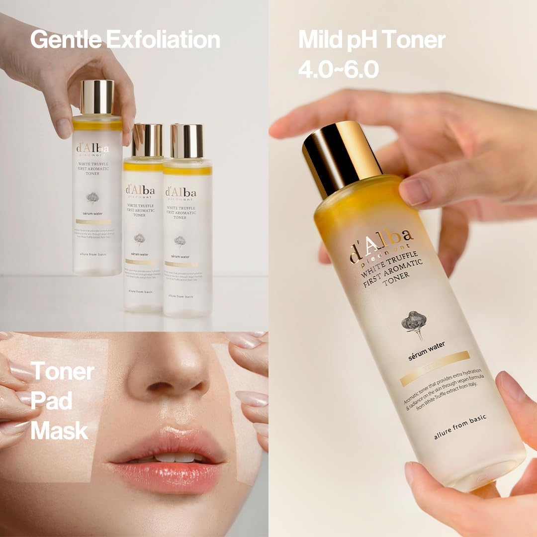 d'alba Piedmont toner on cotton pad ready to tone and gently exfoliate skin for smoother texture