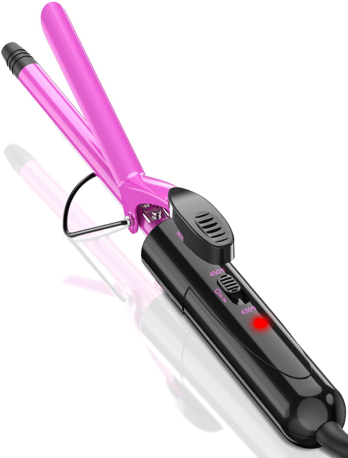 DAN Technology front view of pink 13mm curling iron showing ergonomic handle and barrel