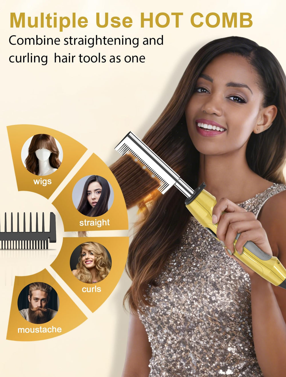 DAN Technology hot comb styling a wig, demonstrating controlled heat for natural-looking finishes