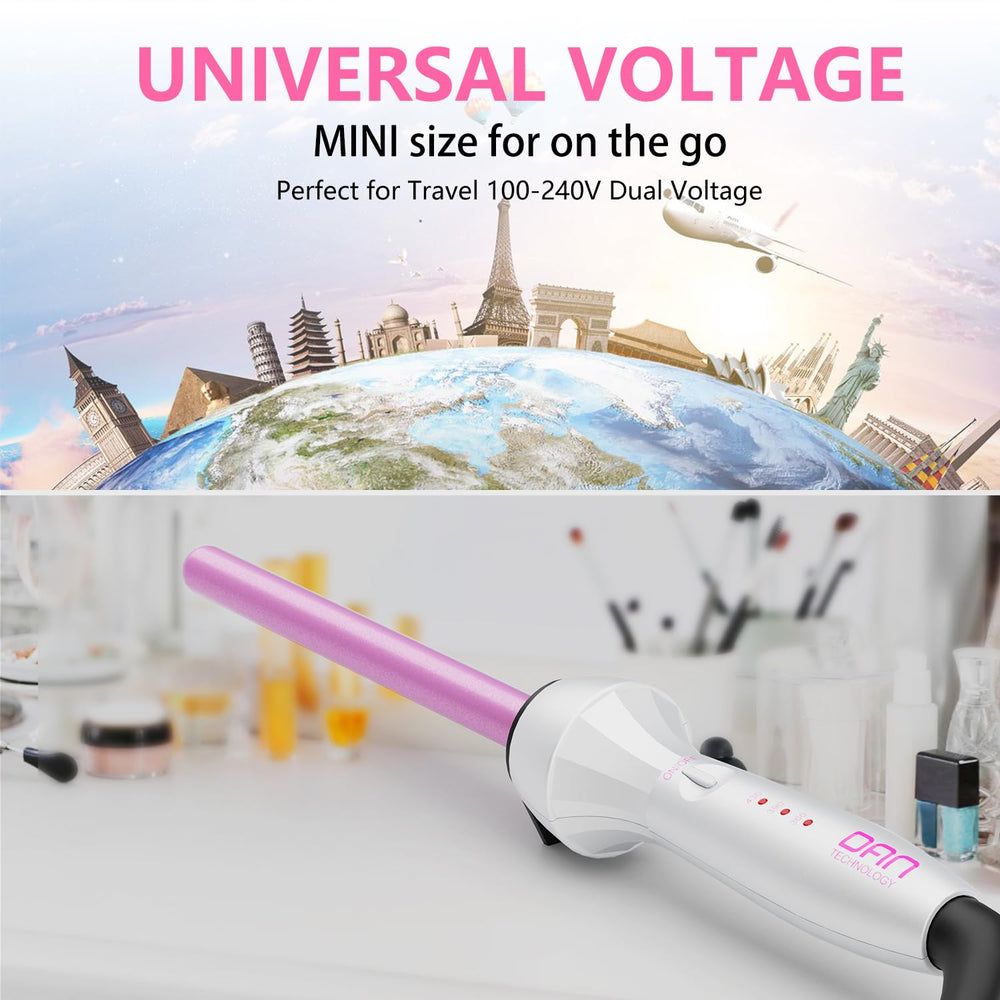 DAN Technology curling wand next to a hand for scale, highlighting compact travel size