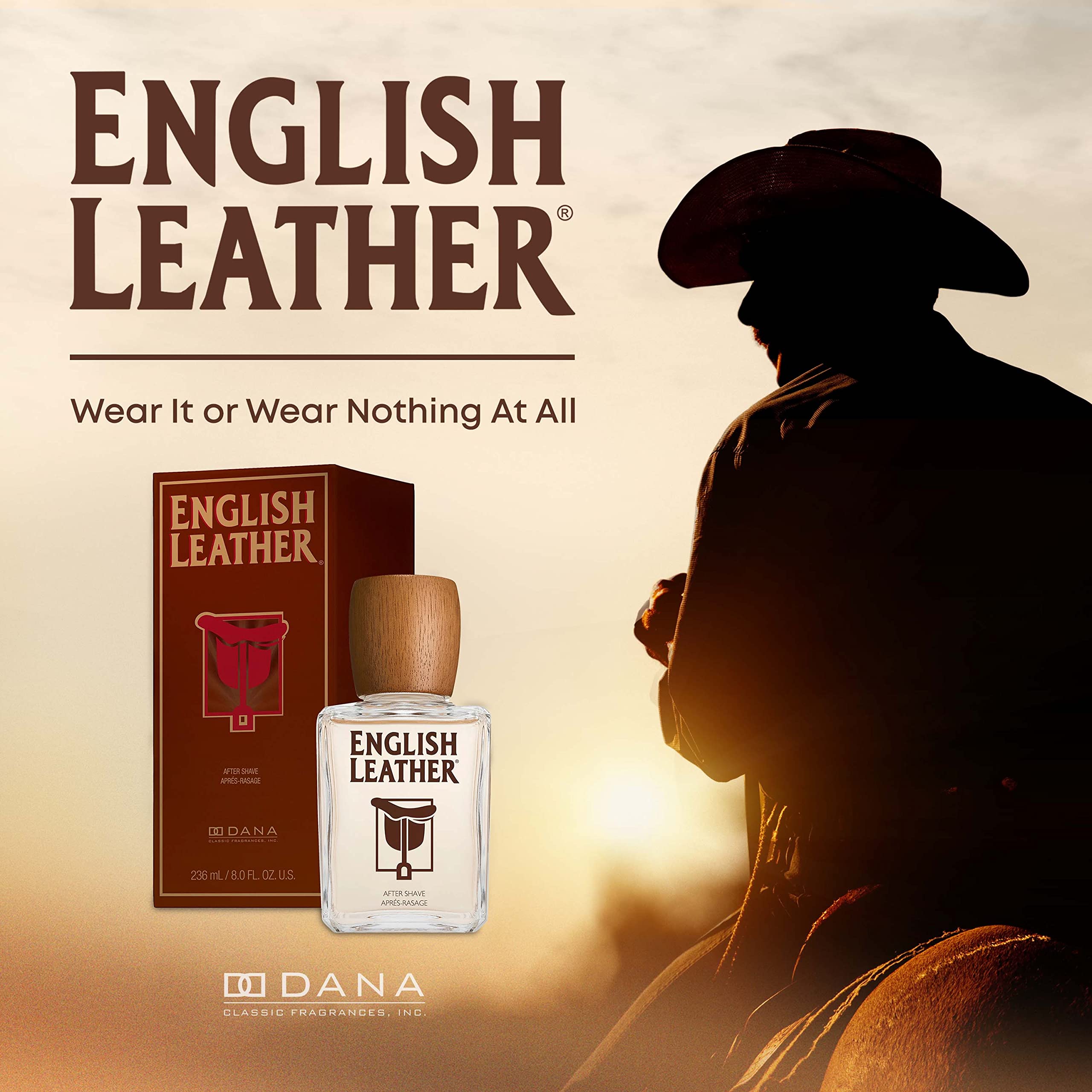 Dana bottle label close-up highlighting English Leather branding benefit