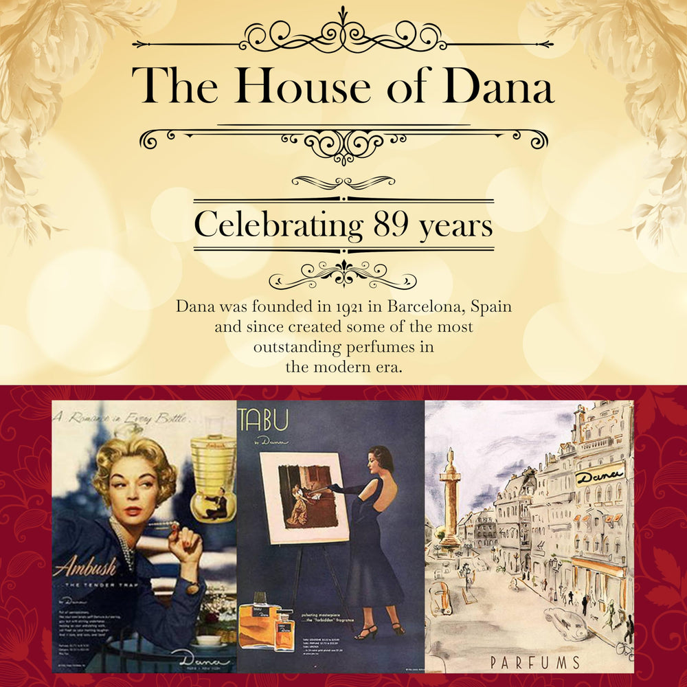 Dana TABU bottle on dressing table suggesting evening-ready fragrance ritual