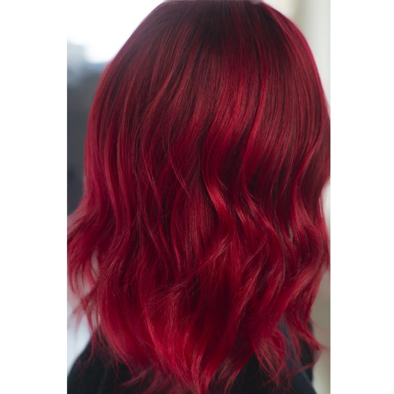 Danger Jones Diablo applied on dark hair demonstrating vibrant red payoff for contrast