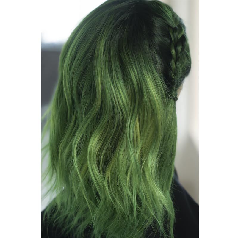 Danger Jones applied on a blonde hair strand showcasing vibrant green payoff and coverage benefit