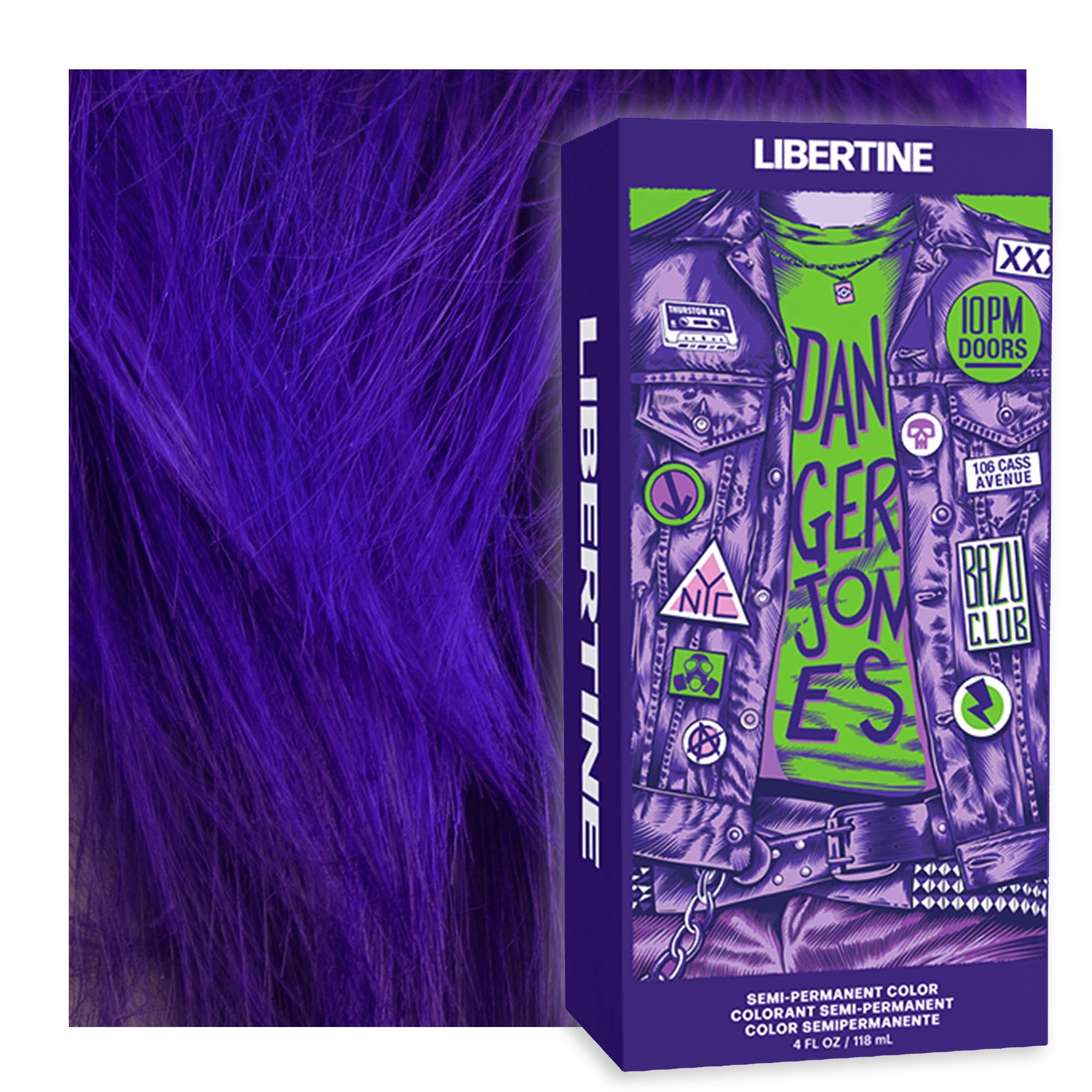 Danger Jones front pouch showing Libertine Violet color and clear product branding benefits bold pigment