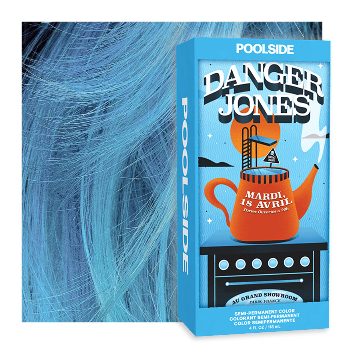 Danger Jones Poolside front jar showing vibrant light-blue dye and clear labeling benefit: color payoff