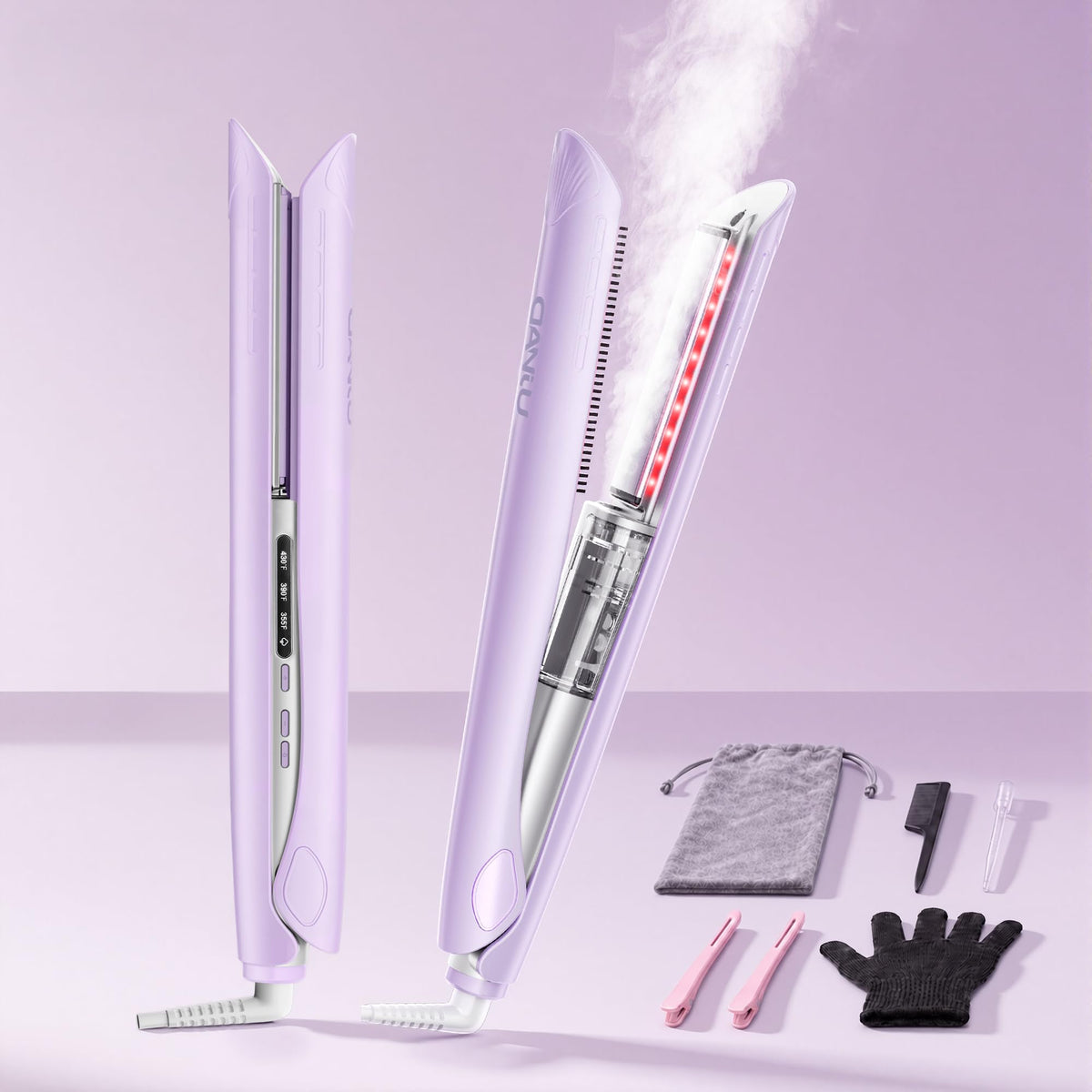 danju front view flat iron showing sleek body and control buttons for easy styling