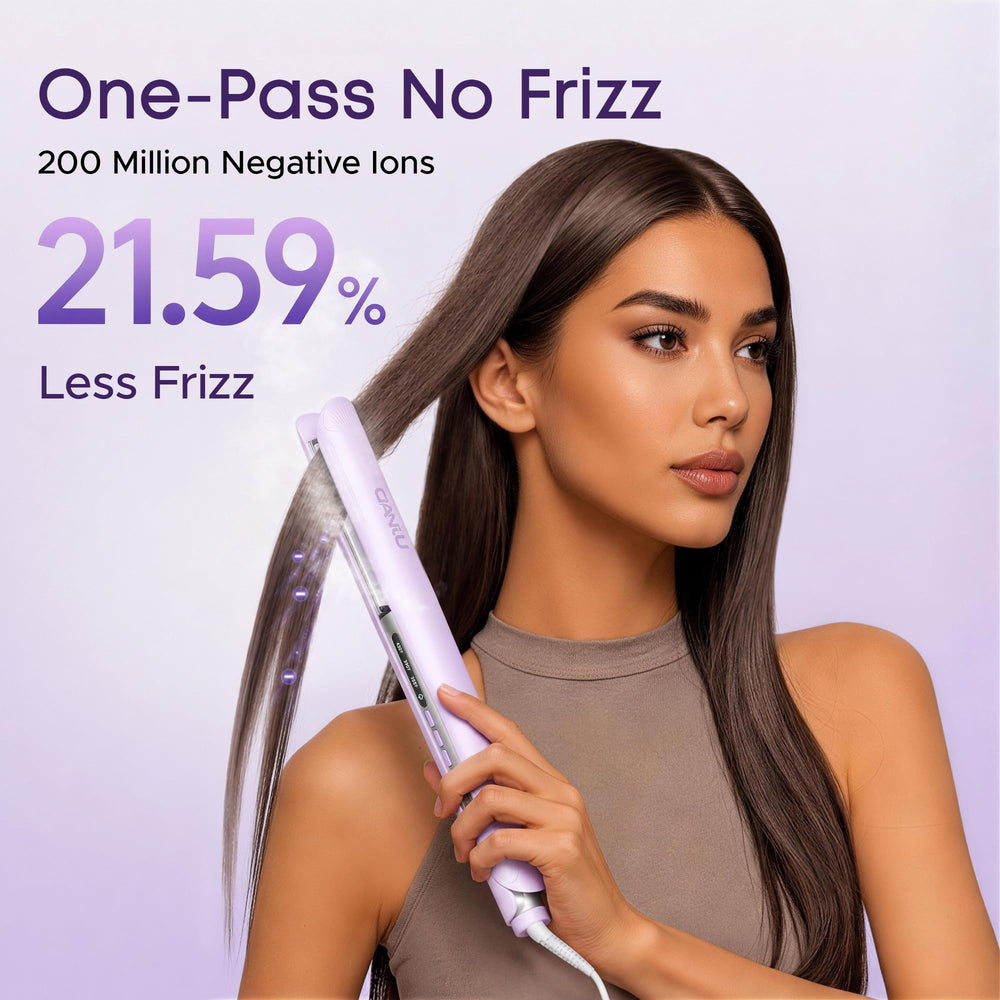 danju in use straightening action showing smoother hair with reduced dry feel