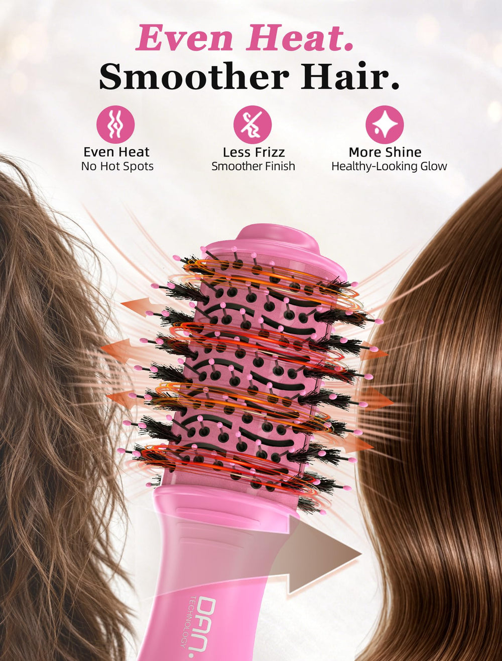 DAN Technology brush in hand next to phone showing travel-friendly size benefit
