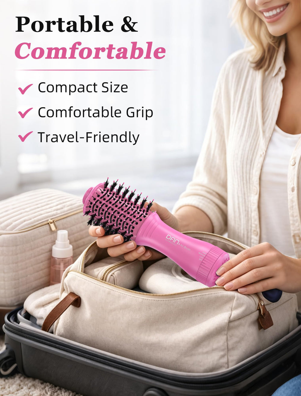 DAN Technology brush inside packed luggage illustrating travel convenience