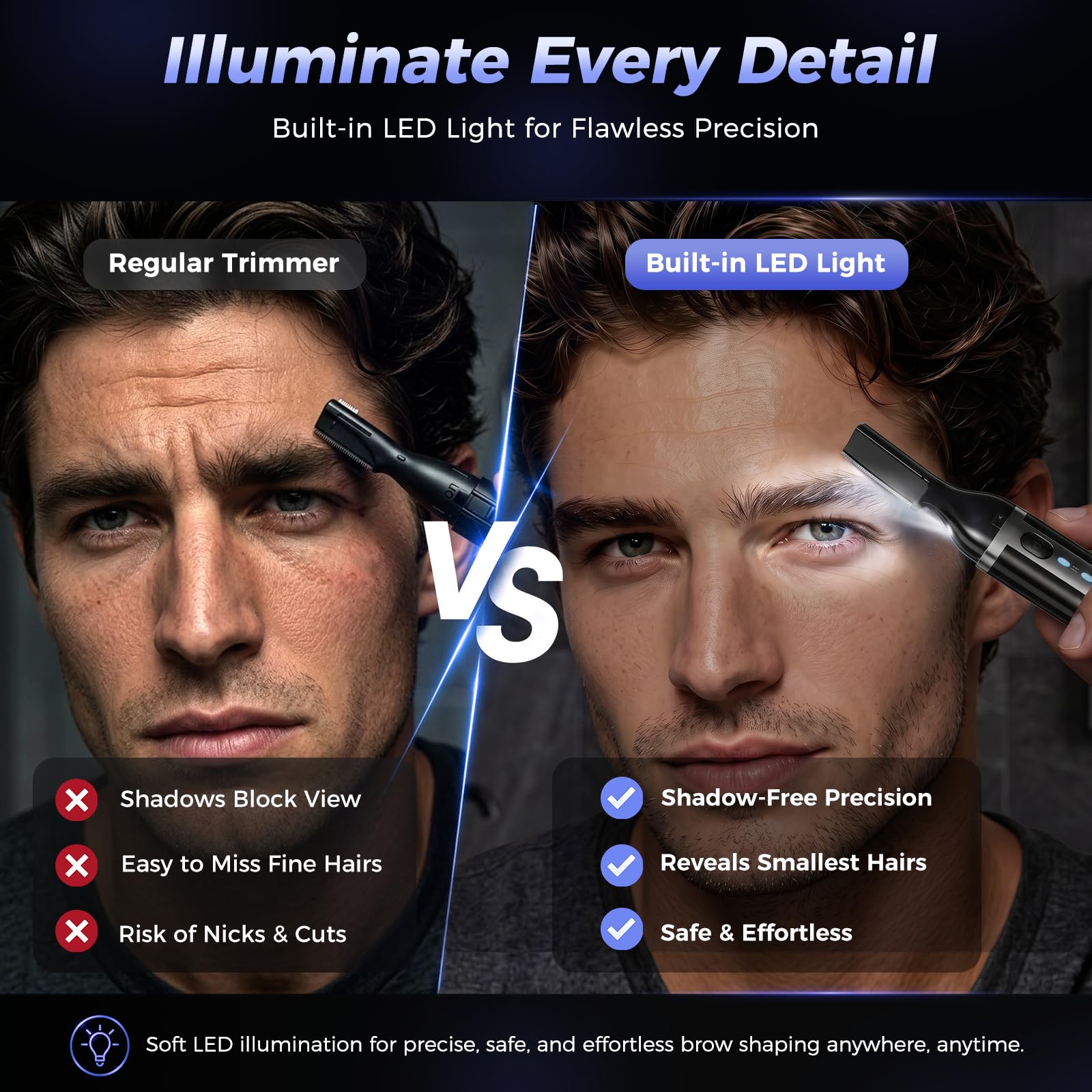 Dapsang LED light on revealing fine facial hairs for accurate trimming