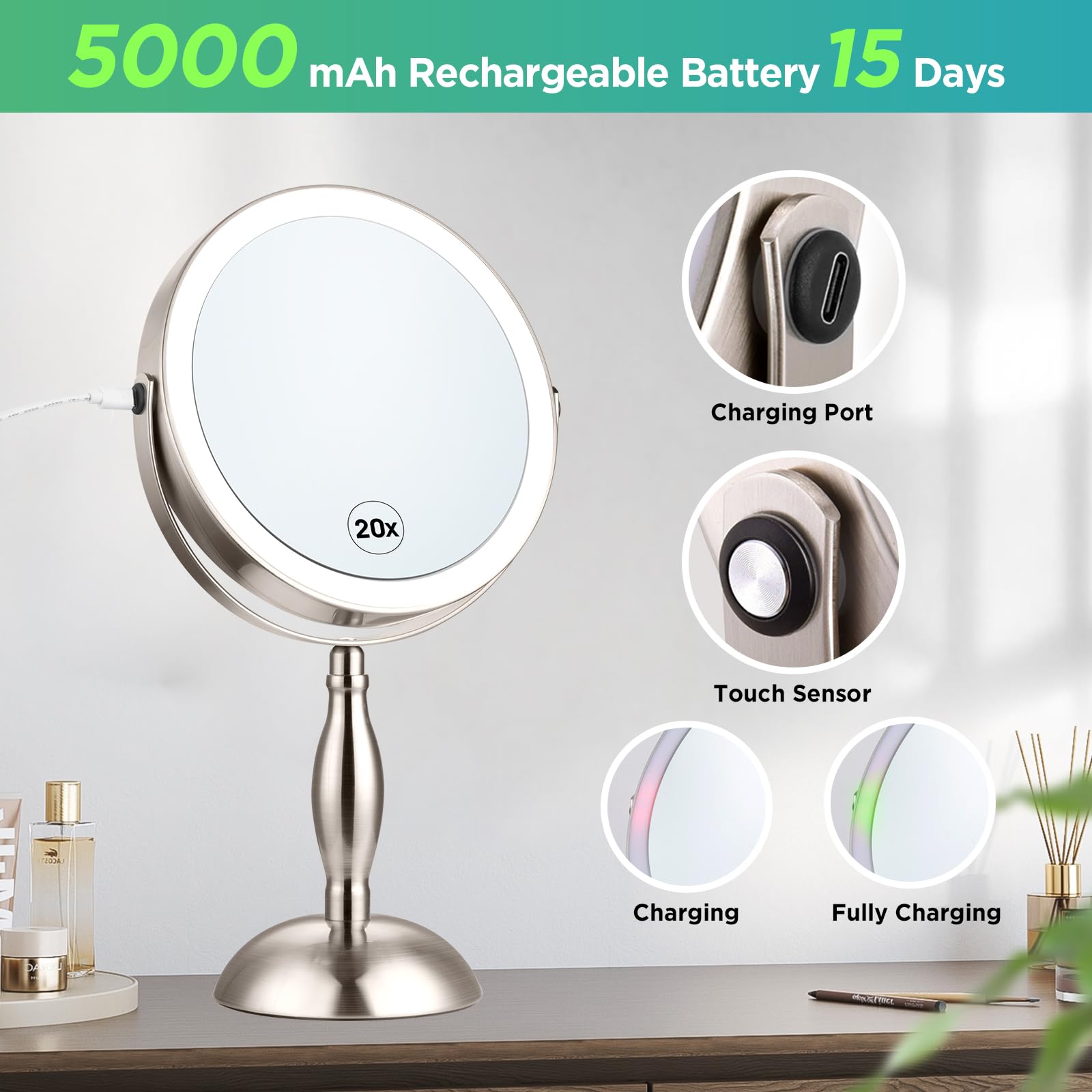 DASLAVA on vanity with common items to show scale and portable convenience