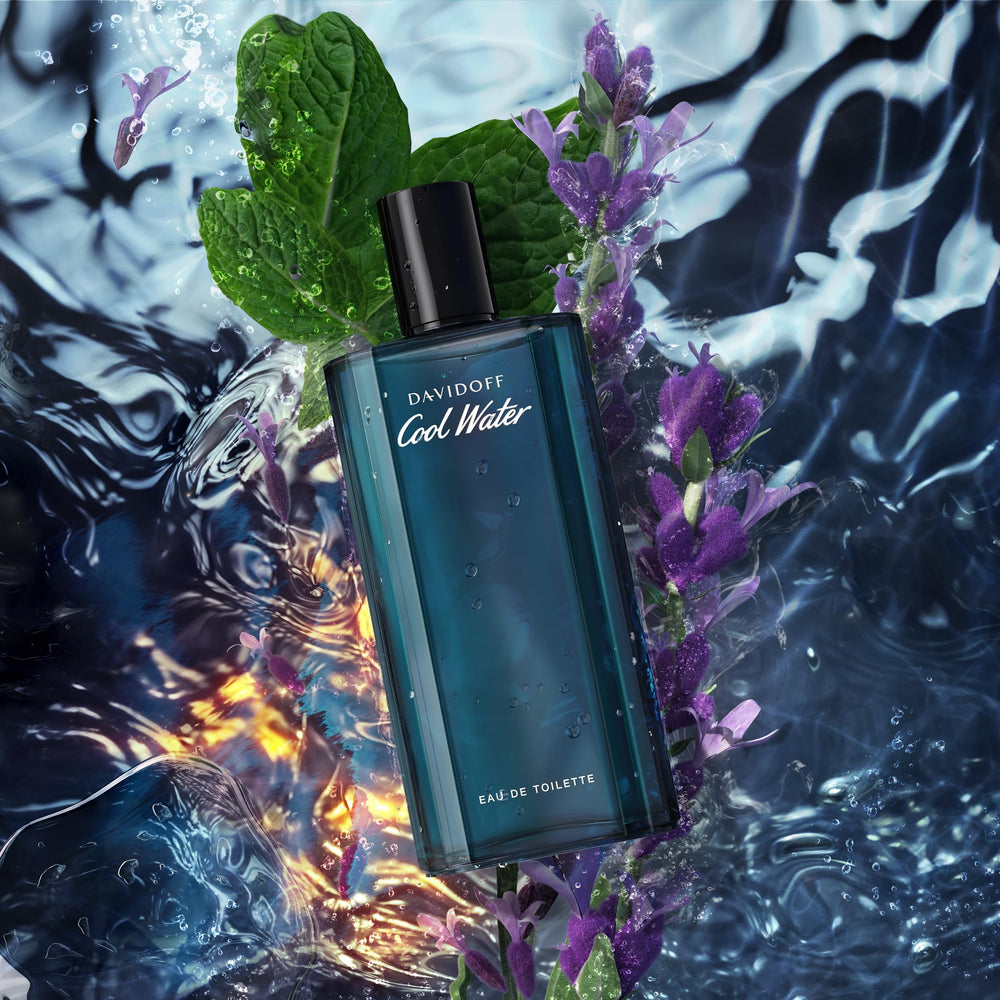 Davidoff Cool Water next to ruler showing bottle size and travel-friendly benefit