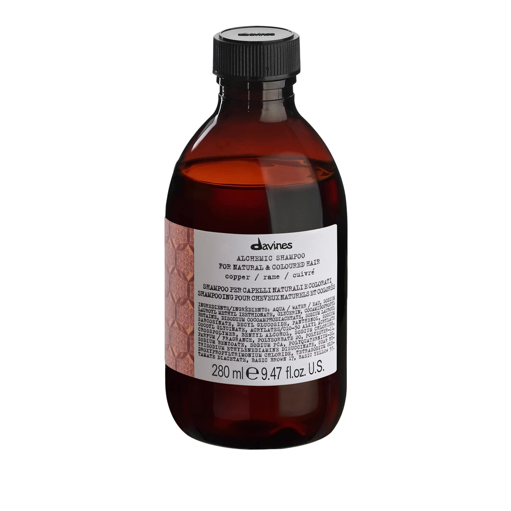 Davines bottle front view showing copper-shade shampoo and brightening benefit