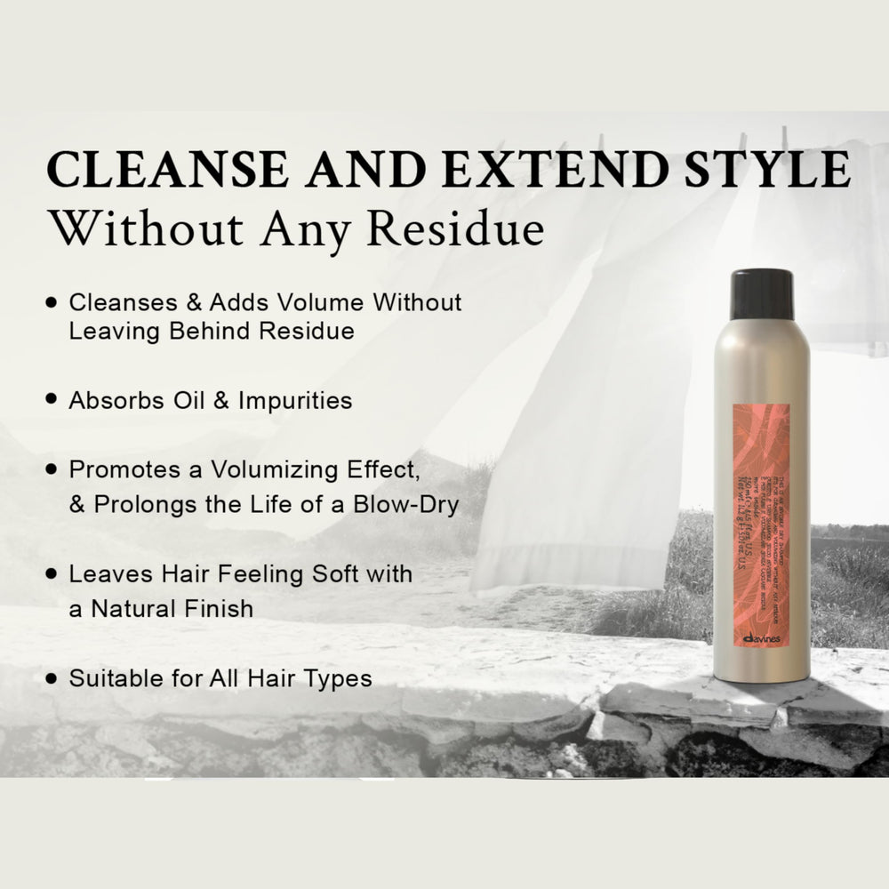 Davines dry shampoo scale next to hand showing travel-friendly size and portability benefit