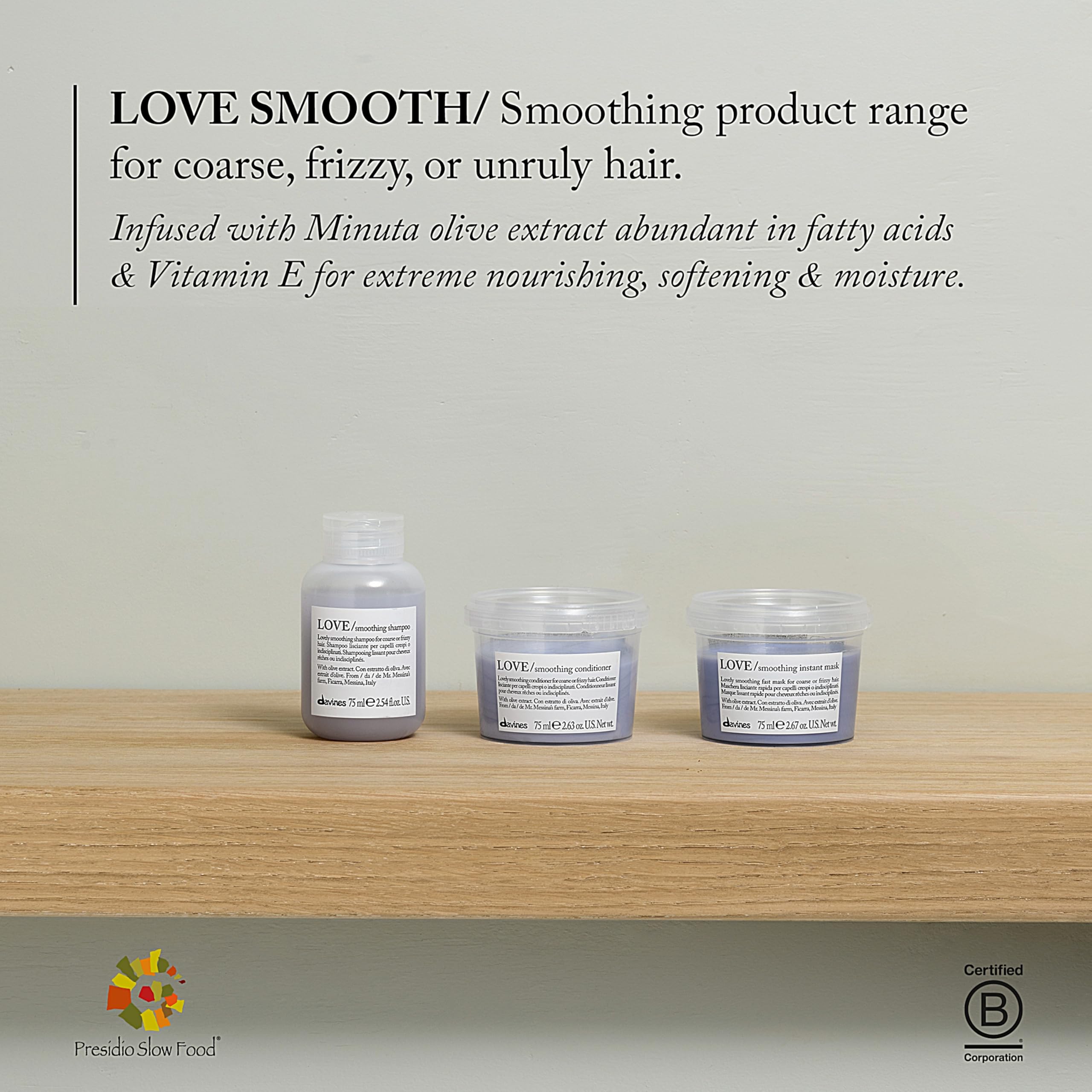 Davines LOVE travel size held in hand for portability and convenience