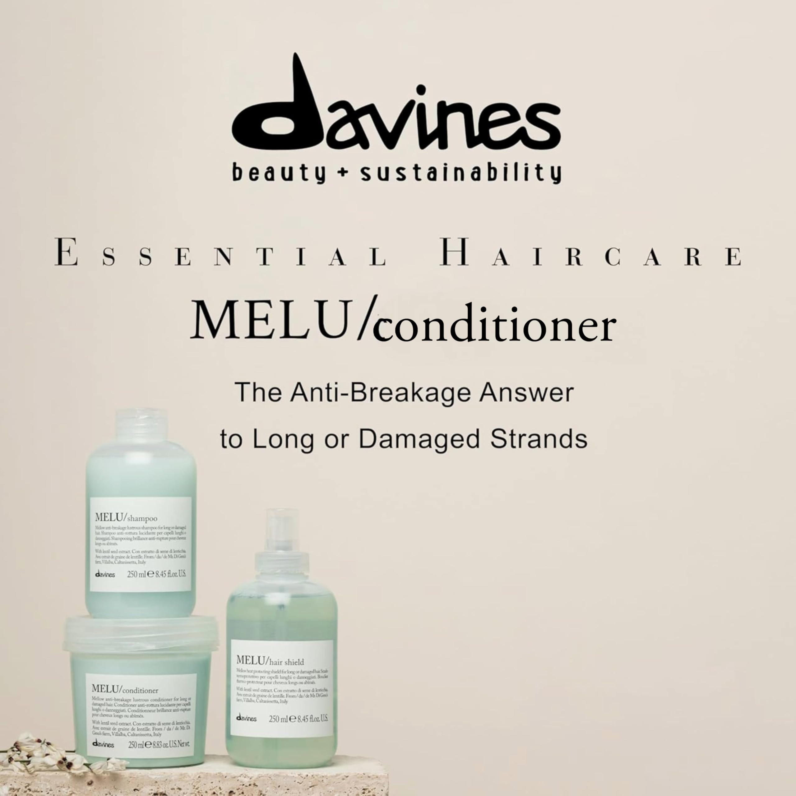 Davines MELU back label with ingredient information and usage benefit