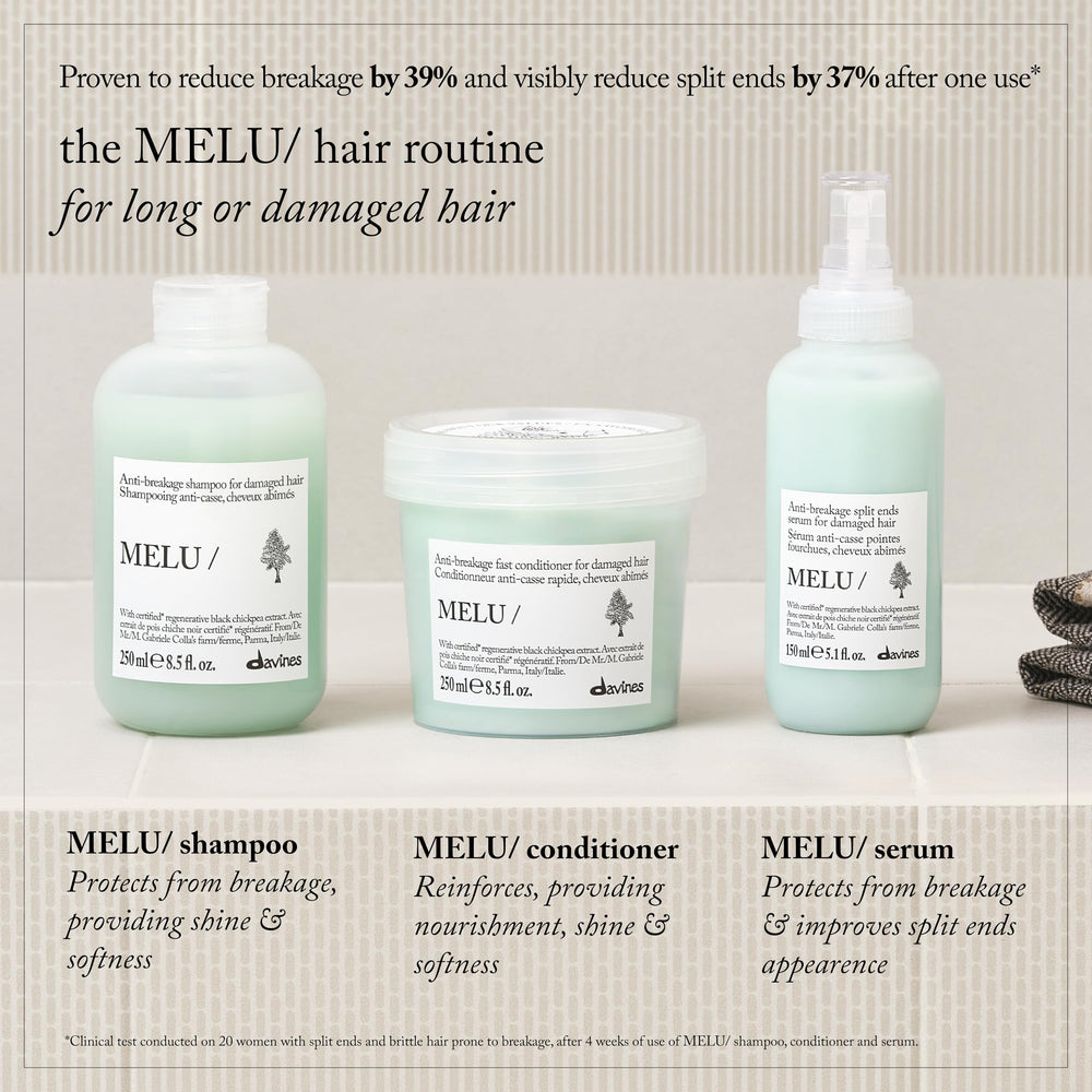 Davines MELU next to a ruler showing 8.5 fl oz size benefit