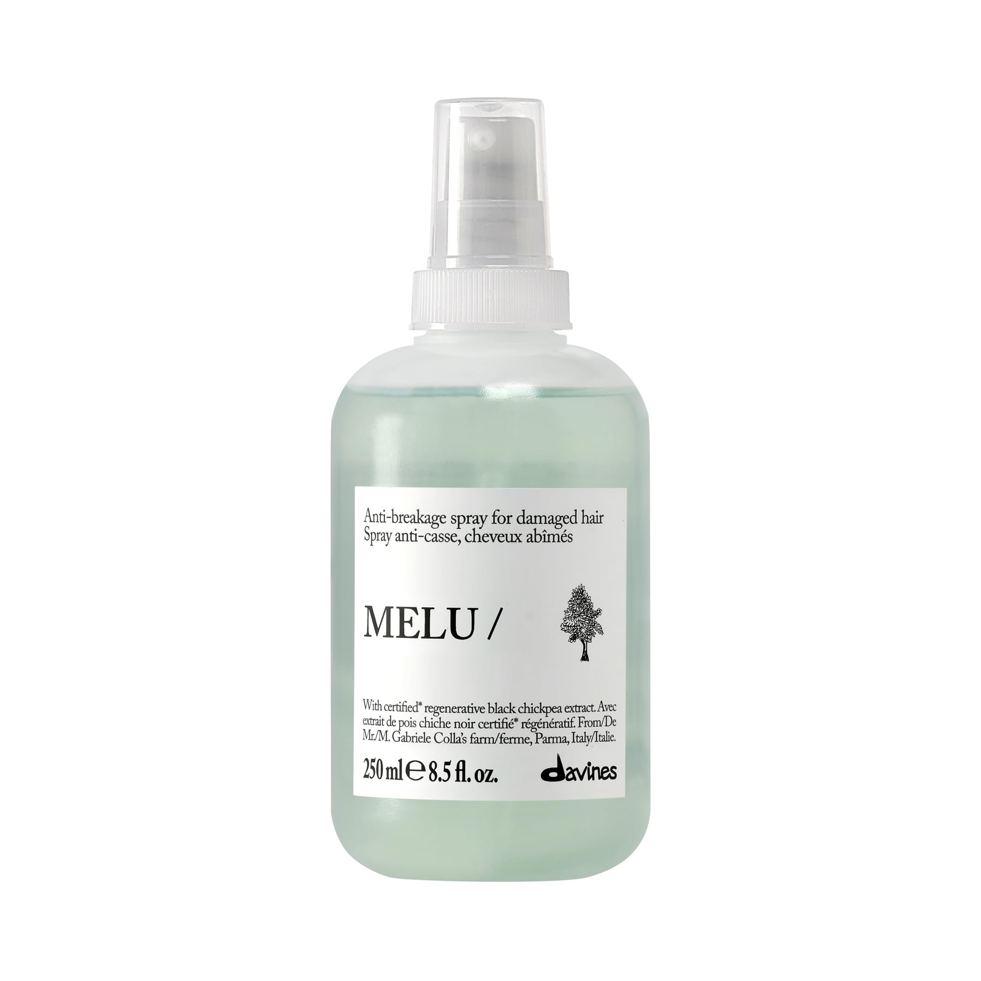 Davines MELU/Spray front packaging showing product and benefit of heat protection