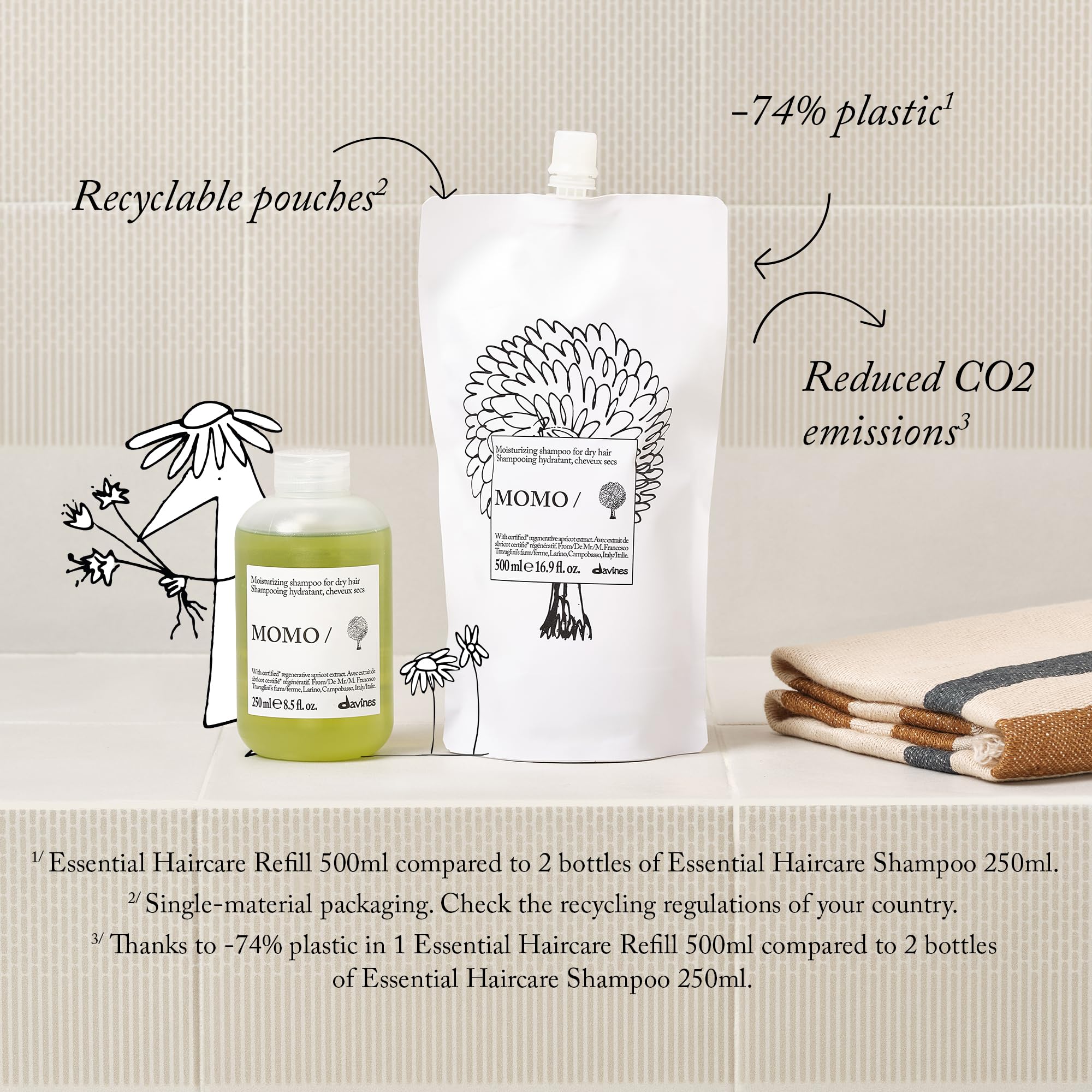 Davines MOMO being poured into a reusable bottle for waste reduction