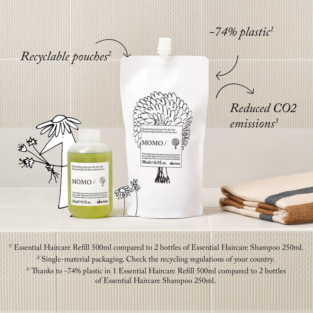 Davines MOMO being poured into a reusable bottle for waste reduction