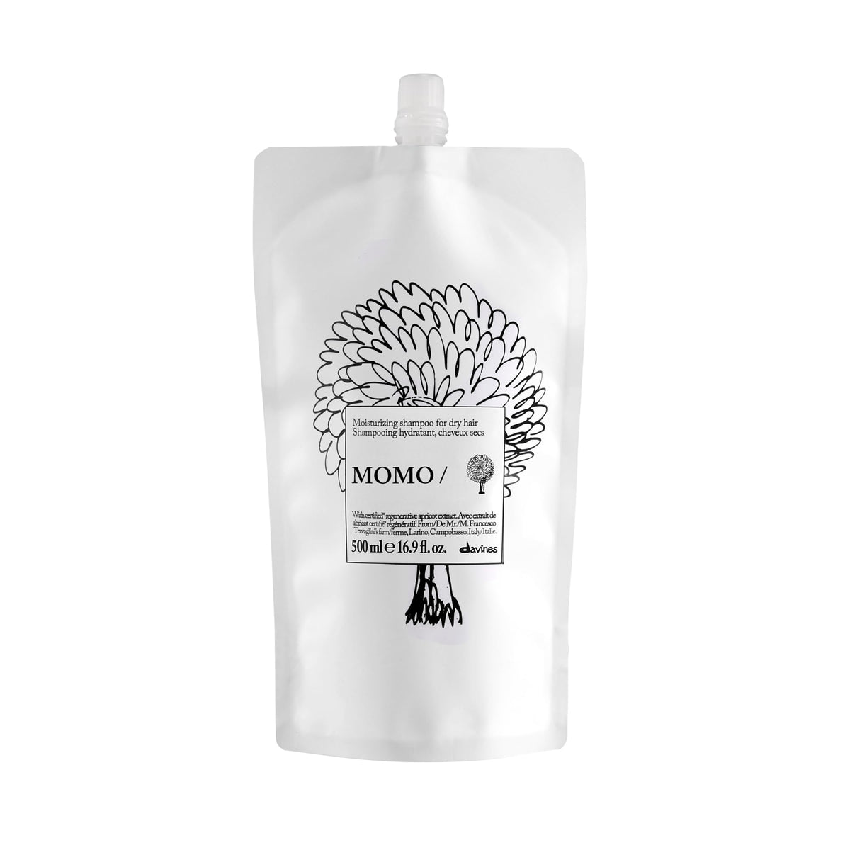Davines MOMO refill pouch front showing branding and size benefit