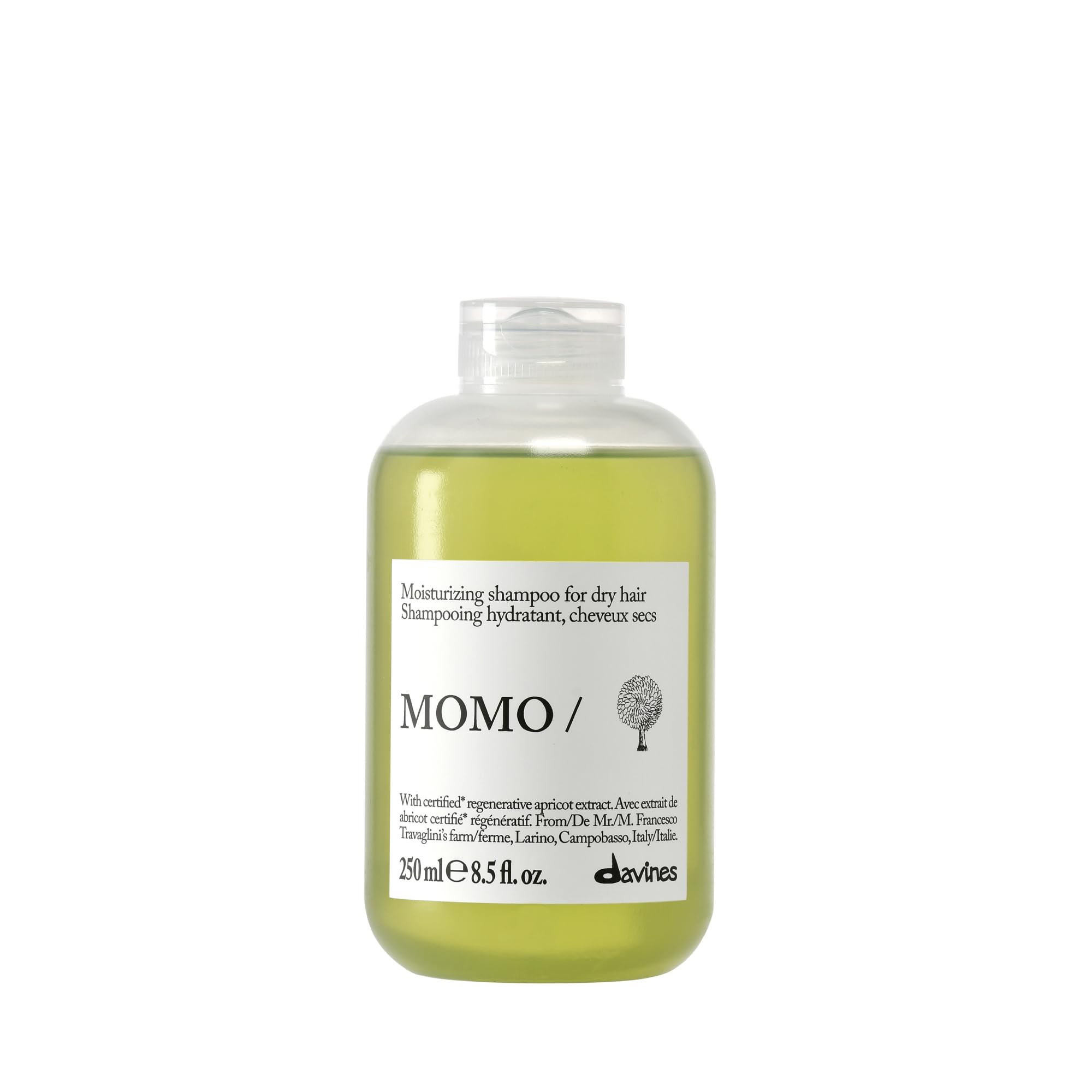Davines MOMO/ front bottle view showing moisturizing shampoo benefits