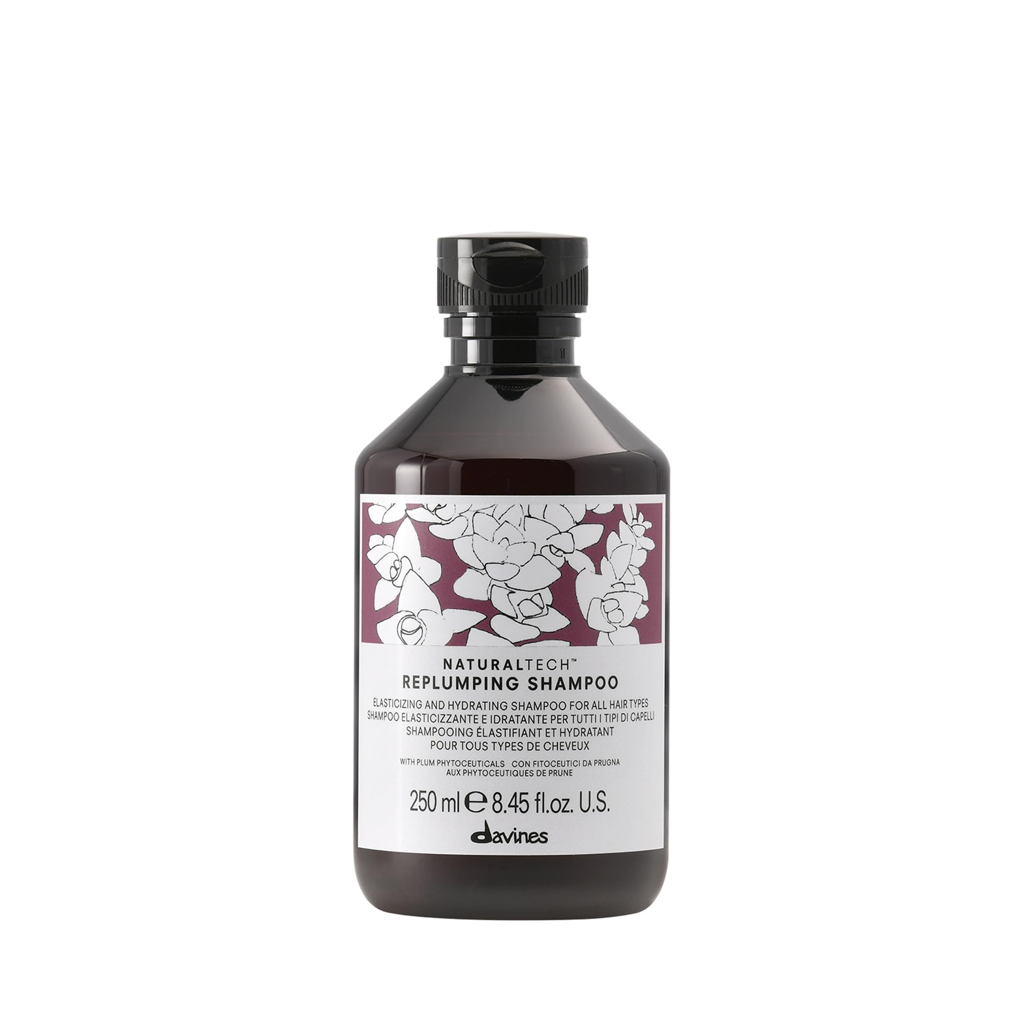 Davines replumping shampoo bottle front view showing premium packaging and salon-grade performance